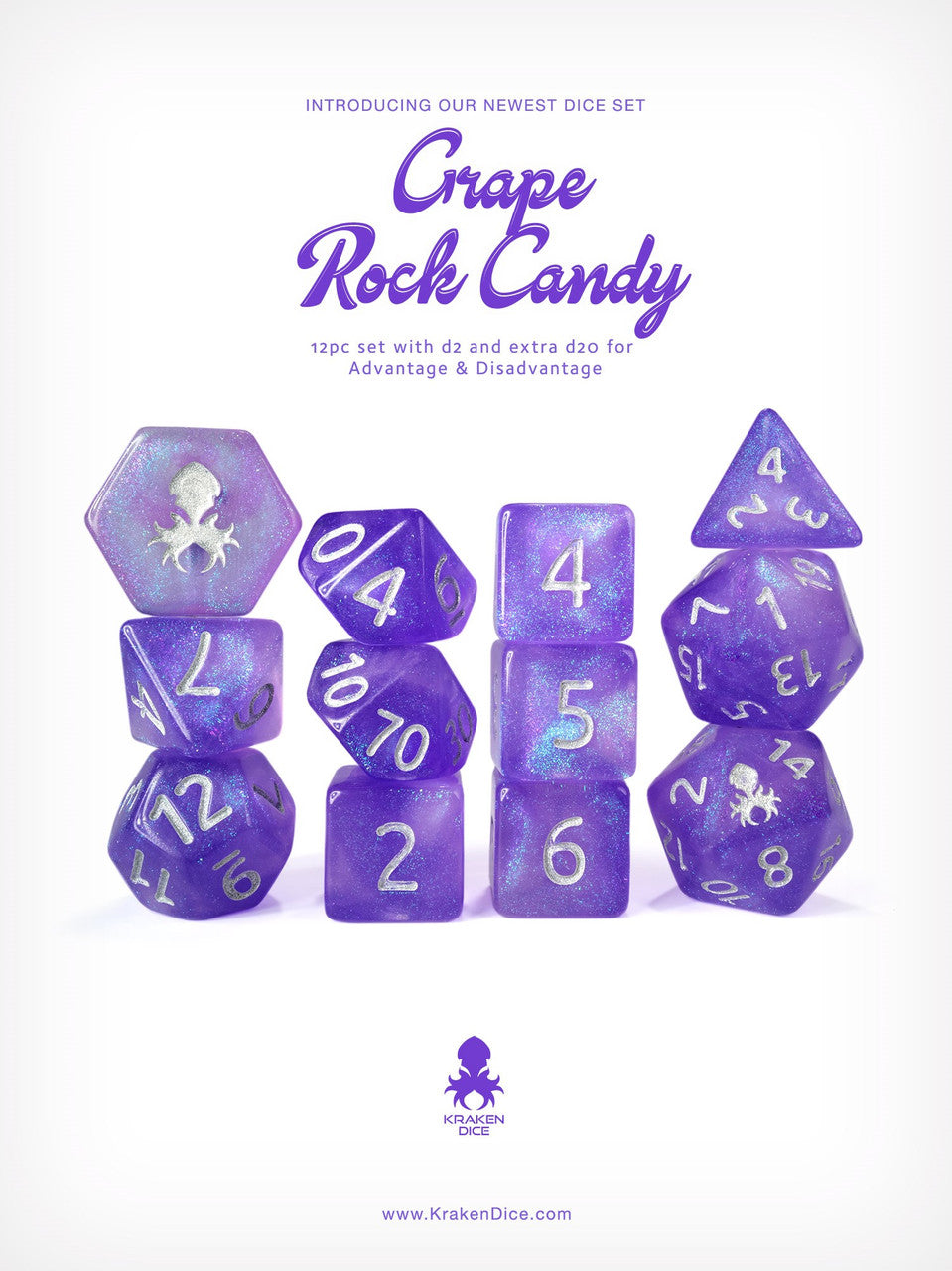 Kraken's Grape Rock Candy 12pc Polyhedral Dice Set